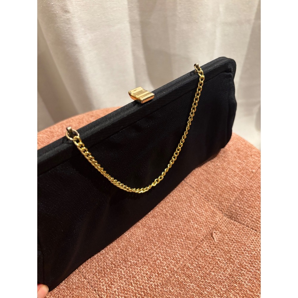 Vintage Black Satin Evening Clutch Bag Gold Tone Chain Strap Formal Gala Wedding